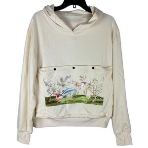 Womans Hoodie Sweatshirt w/ Cat Dog Carrier‎ Pouch Sz Small Cream Graphics NEW